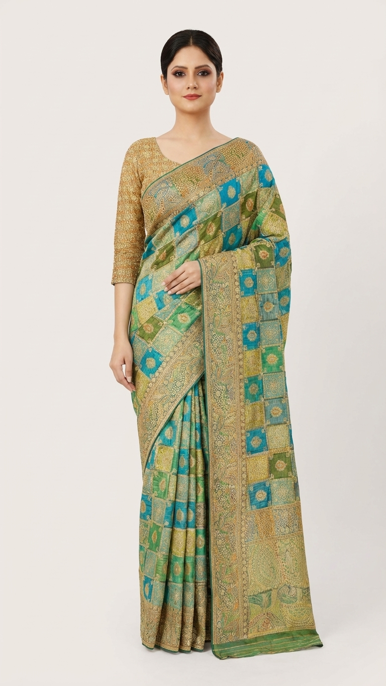 Elegant Green & Teal Traditional Printed Saree