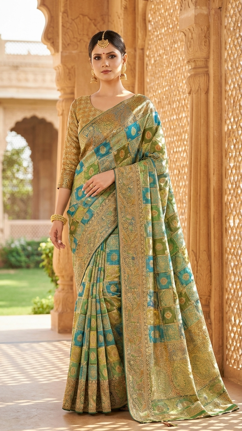 Elegant Green & Teal Traditional Printed Saree