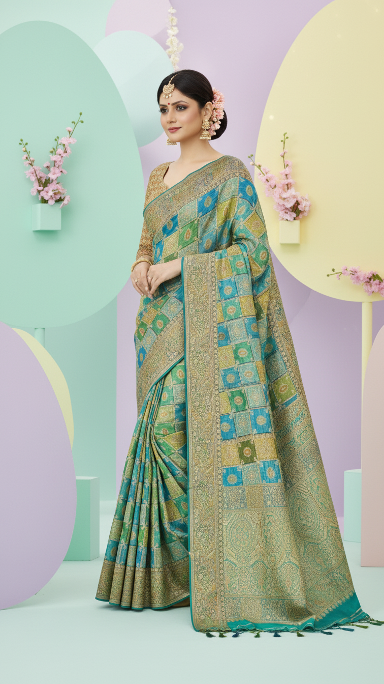 Elegant Green & Teal Traditional Printed Saree