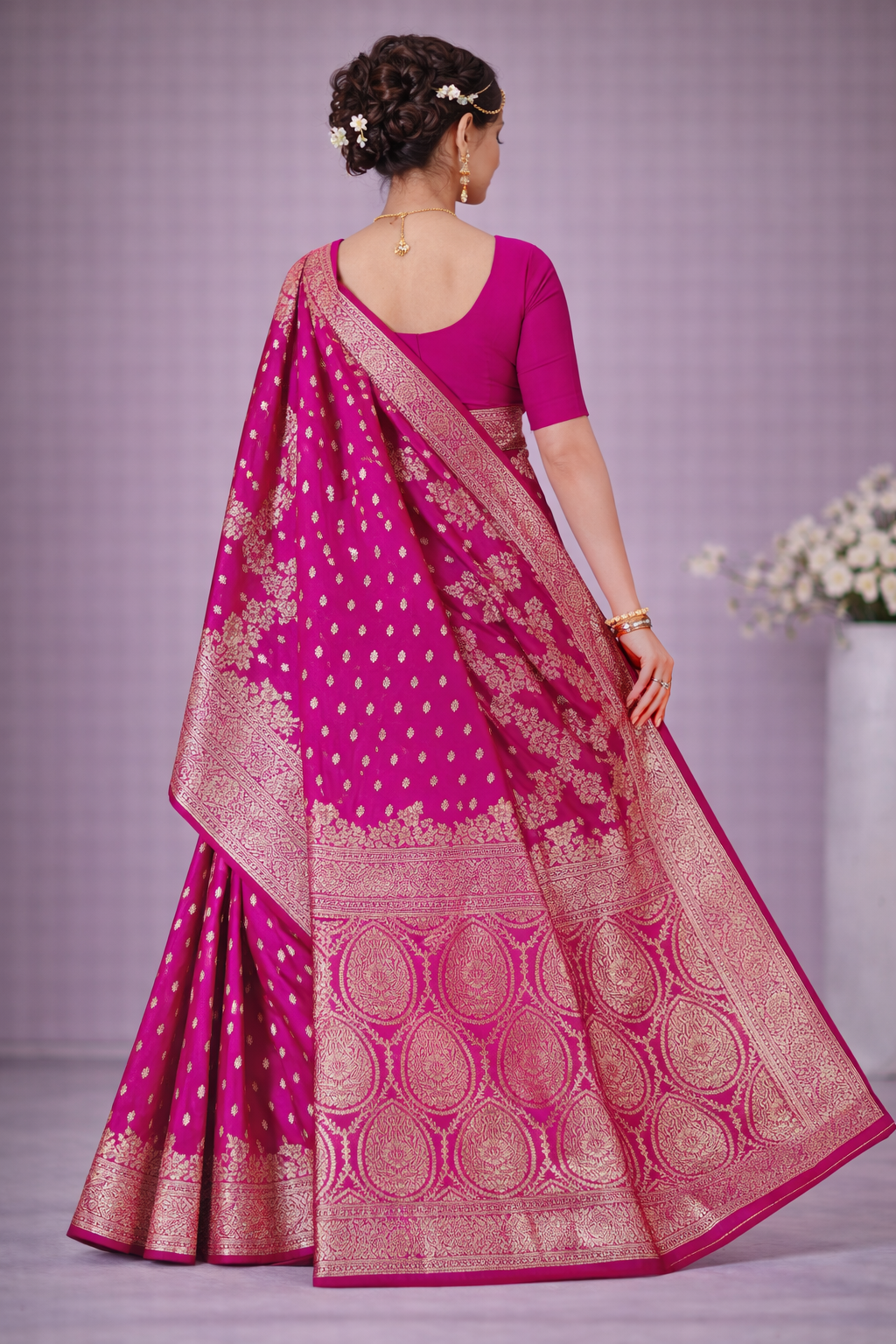 Rani Pink Banarasi Silver Zari Saree