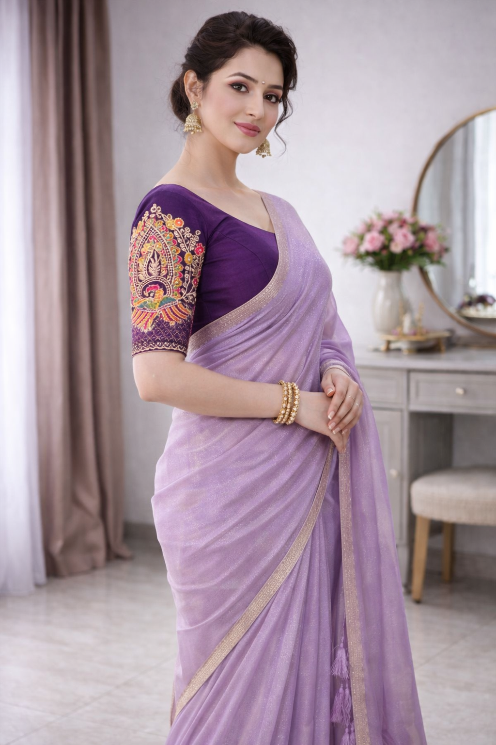 Lavender Shimmer Saree with Designer Blouse