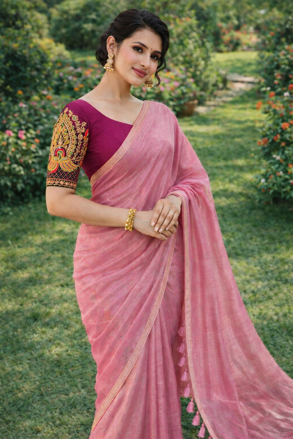 Pastel Pink Shimmer Saree with Designer Blouse