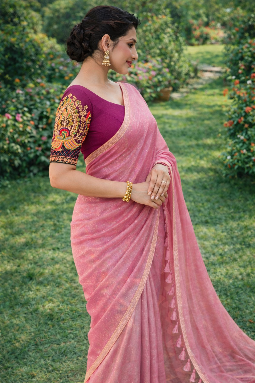 Pastel Pink Shimmer Saree with Designer Blouse