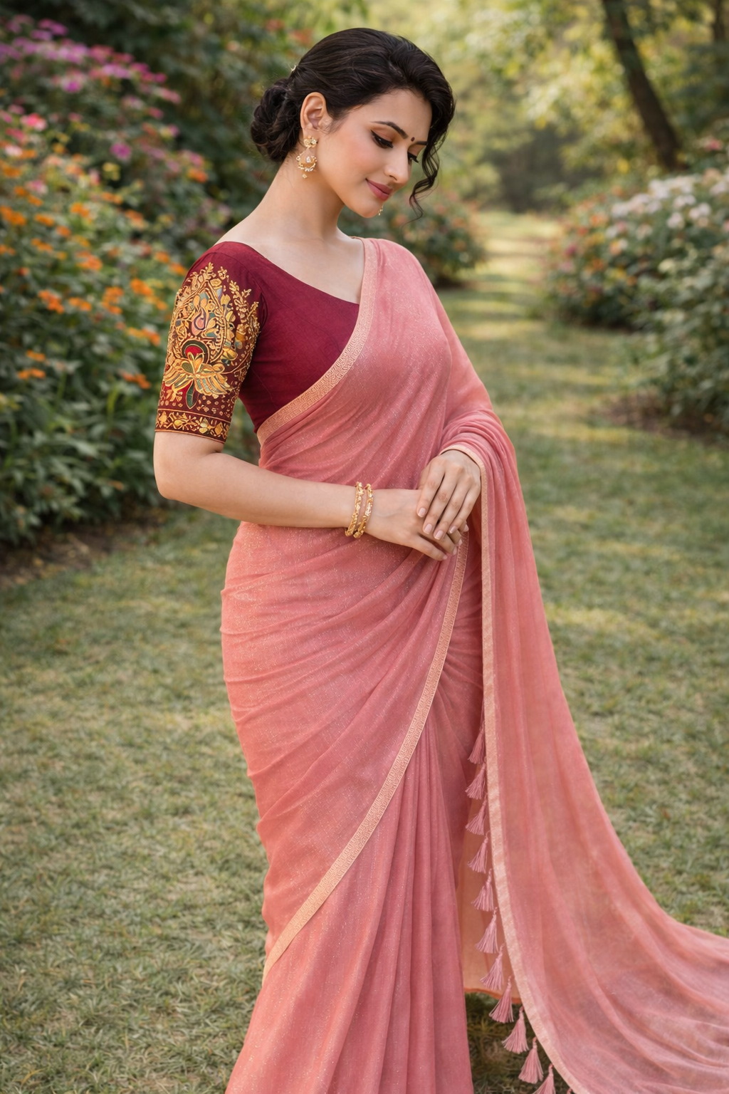 Peach Pink Shimmer Saree with Designer Blouse