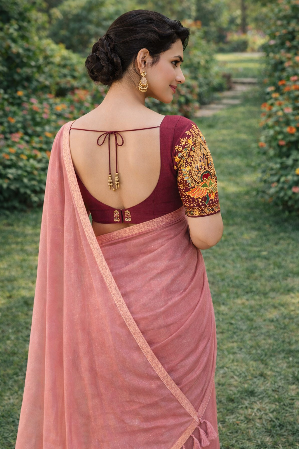 Peach Pink Shimmer Saree with Designer Blouse