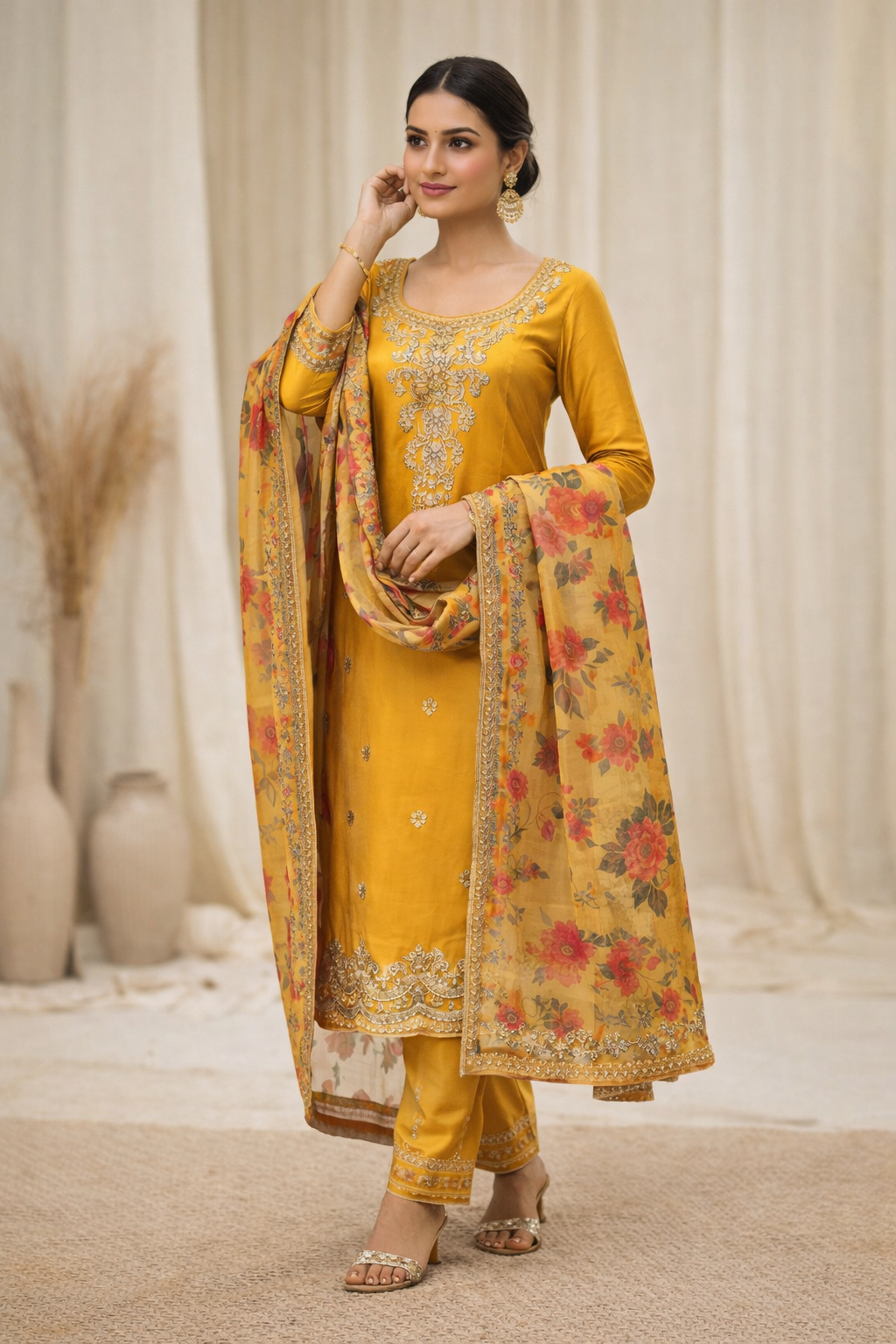 Mustard Yellow Embroidered Salwar Suit Set with Floral Dupatta