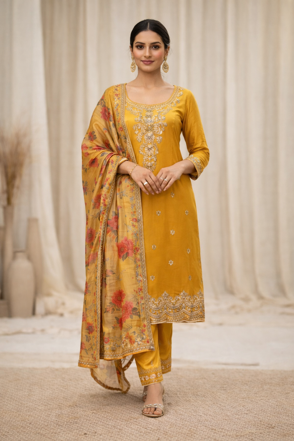 Mustard Yellow Embroidered Salwar Suit Set with Floral Dupatta