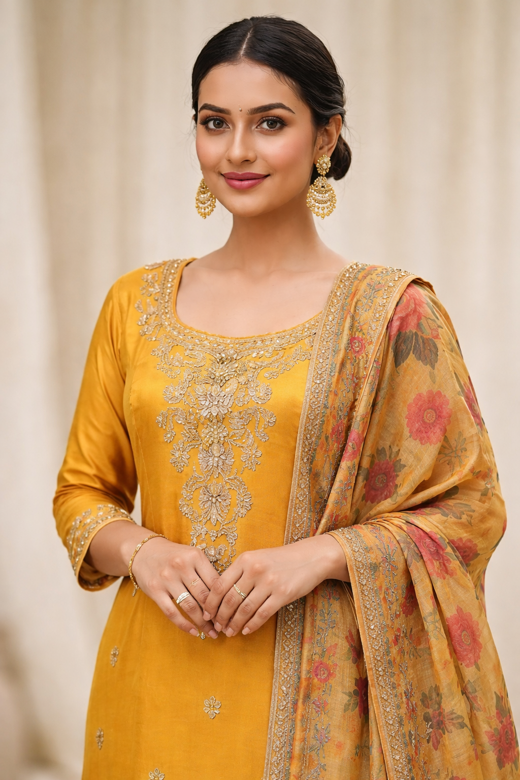Mustard Yellow Embroidered Salwar Suit Set with Floral Dupatta
