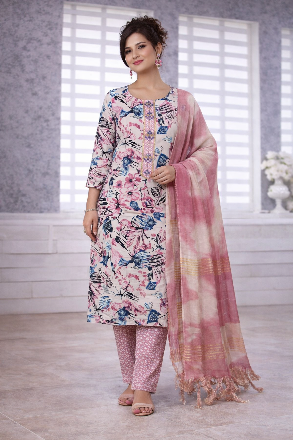 Floral Pink & Blue Printed 3-Piece Suit Set