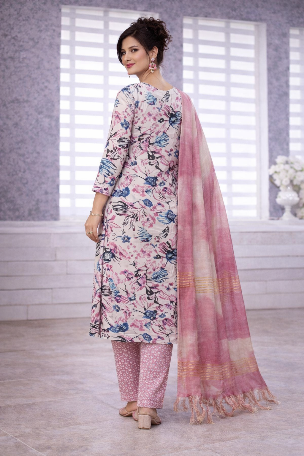 Floral Pink & Blue Printed 3-Piece Suit Set
