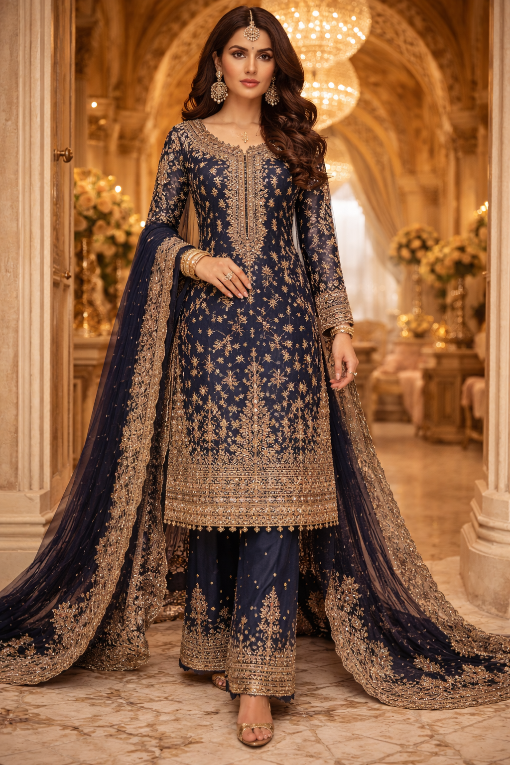Woman in a navy blue embroidered traditional outfit with gold details in an elegant interior setting.