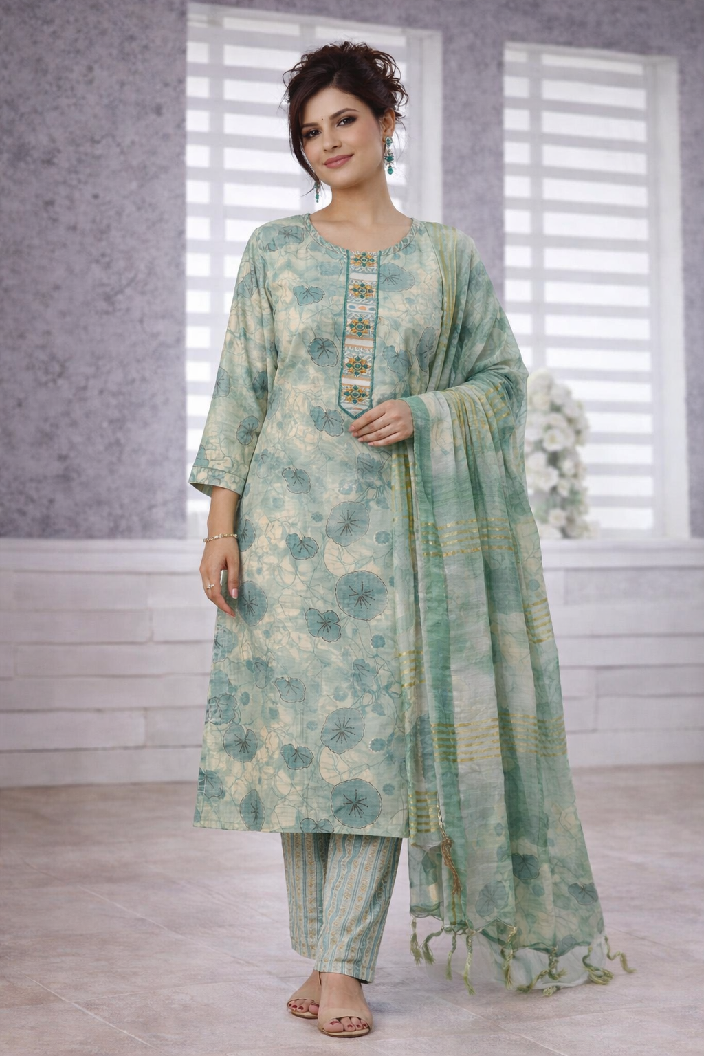 Sage Green Floral Printed 3-Piece Suit Set