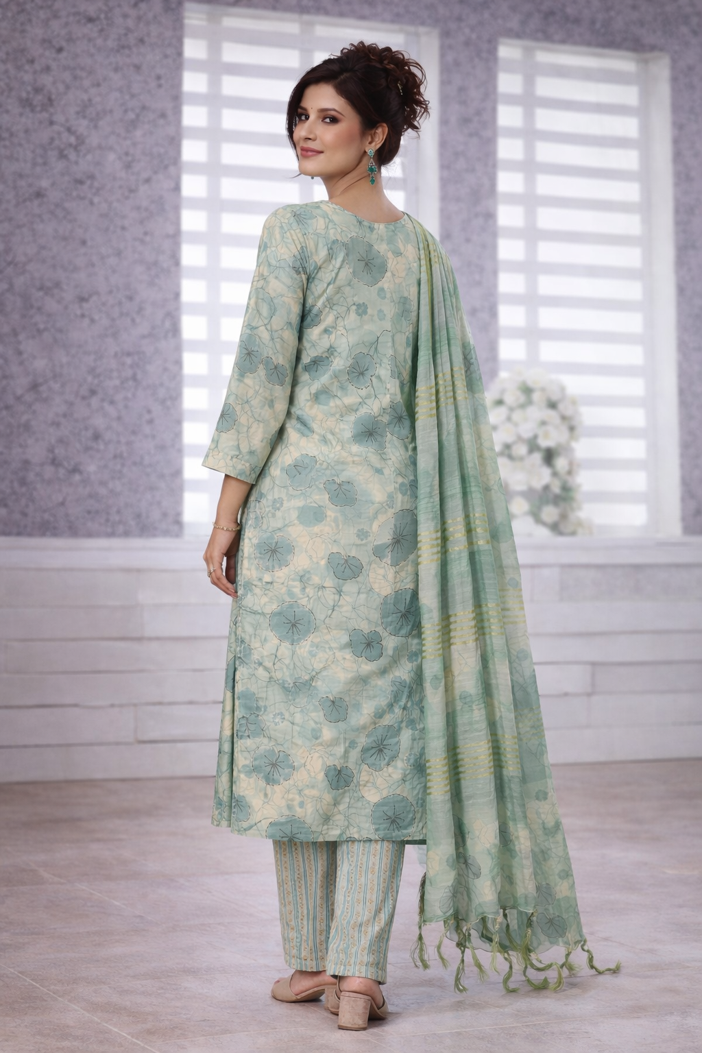 Sage Green Floral Printed 3-Piece Suit Set