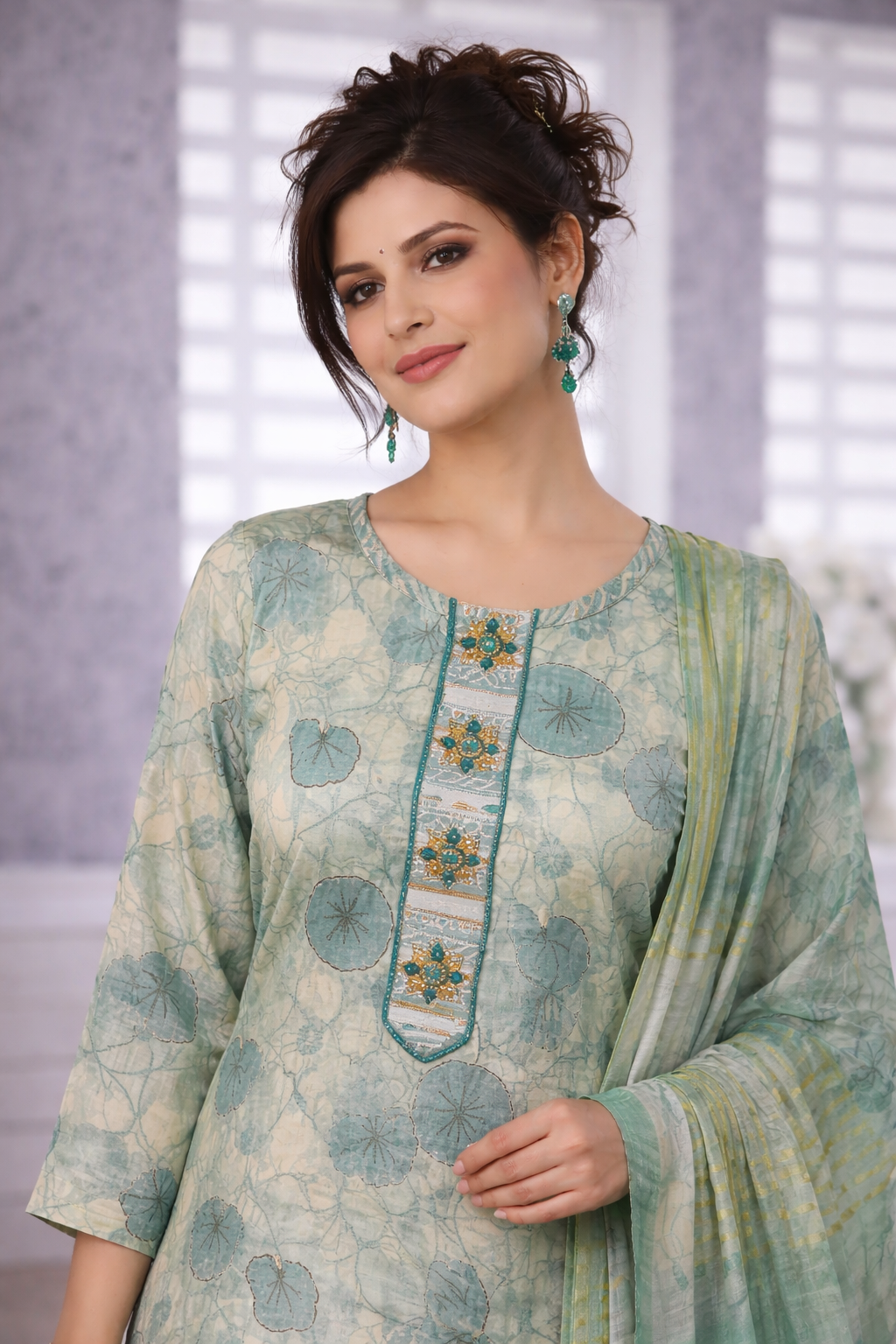 Sage Green Floral Printed 3-Piece Suit Set