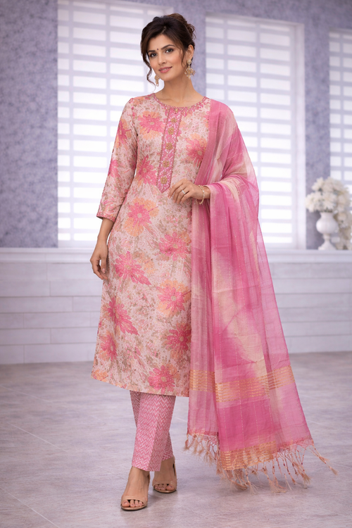 Blush Pink Floral Printed 3-Piece Suit Set