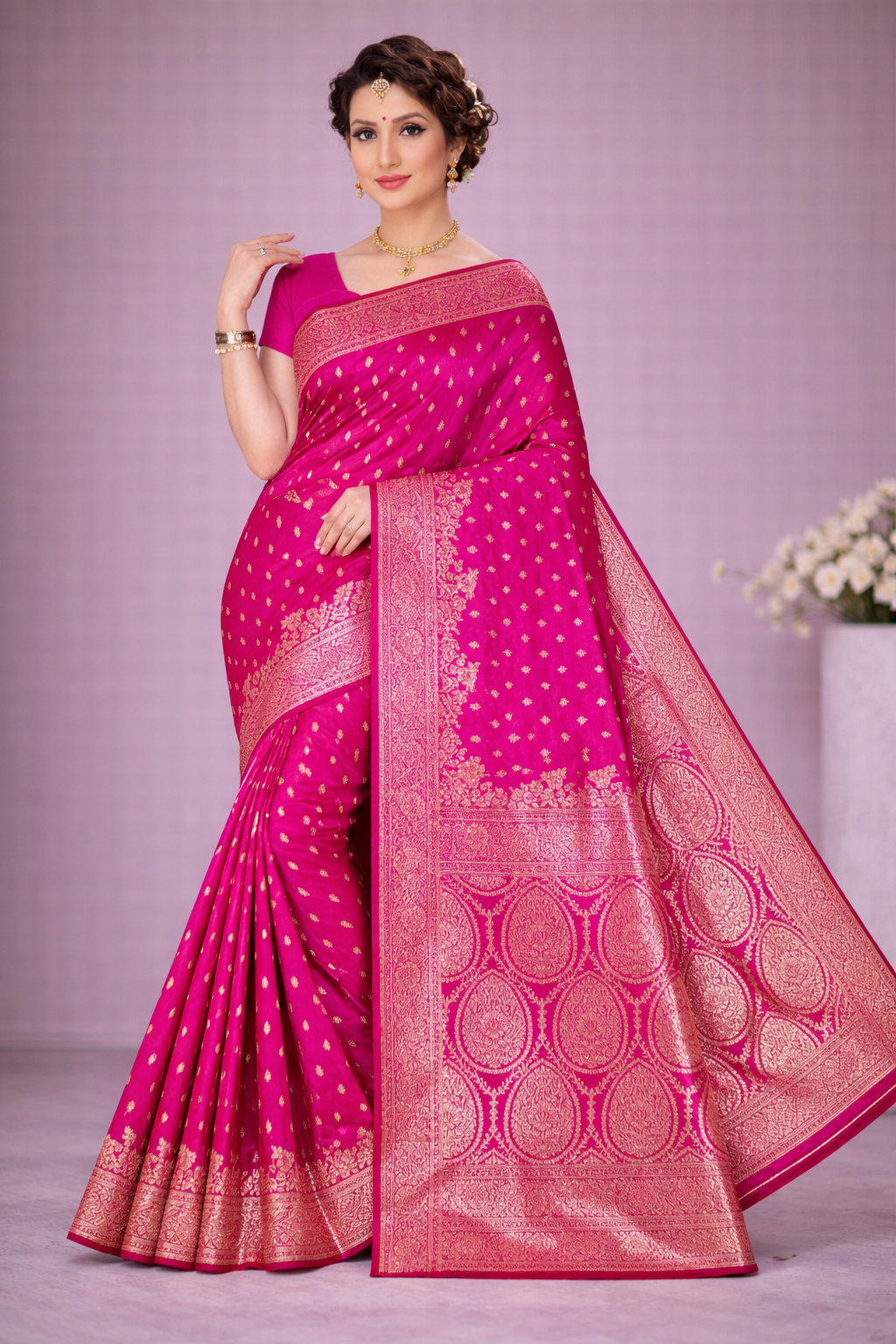 Rani Pink Banarasi Silver Zari Saree
