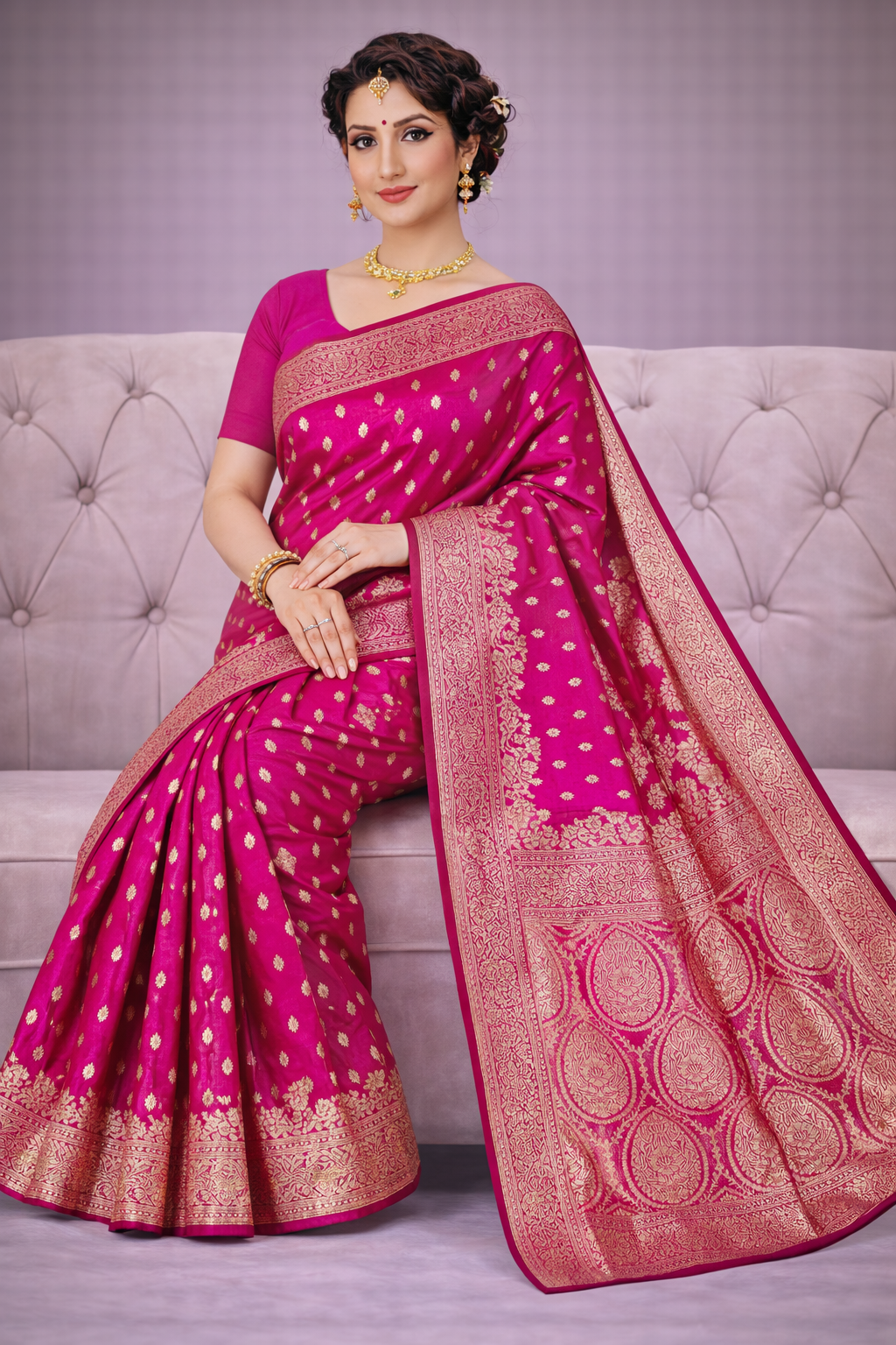 Rani Pink Banarasi Silver Zari Saree