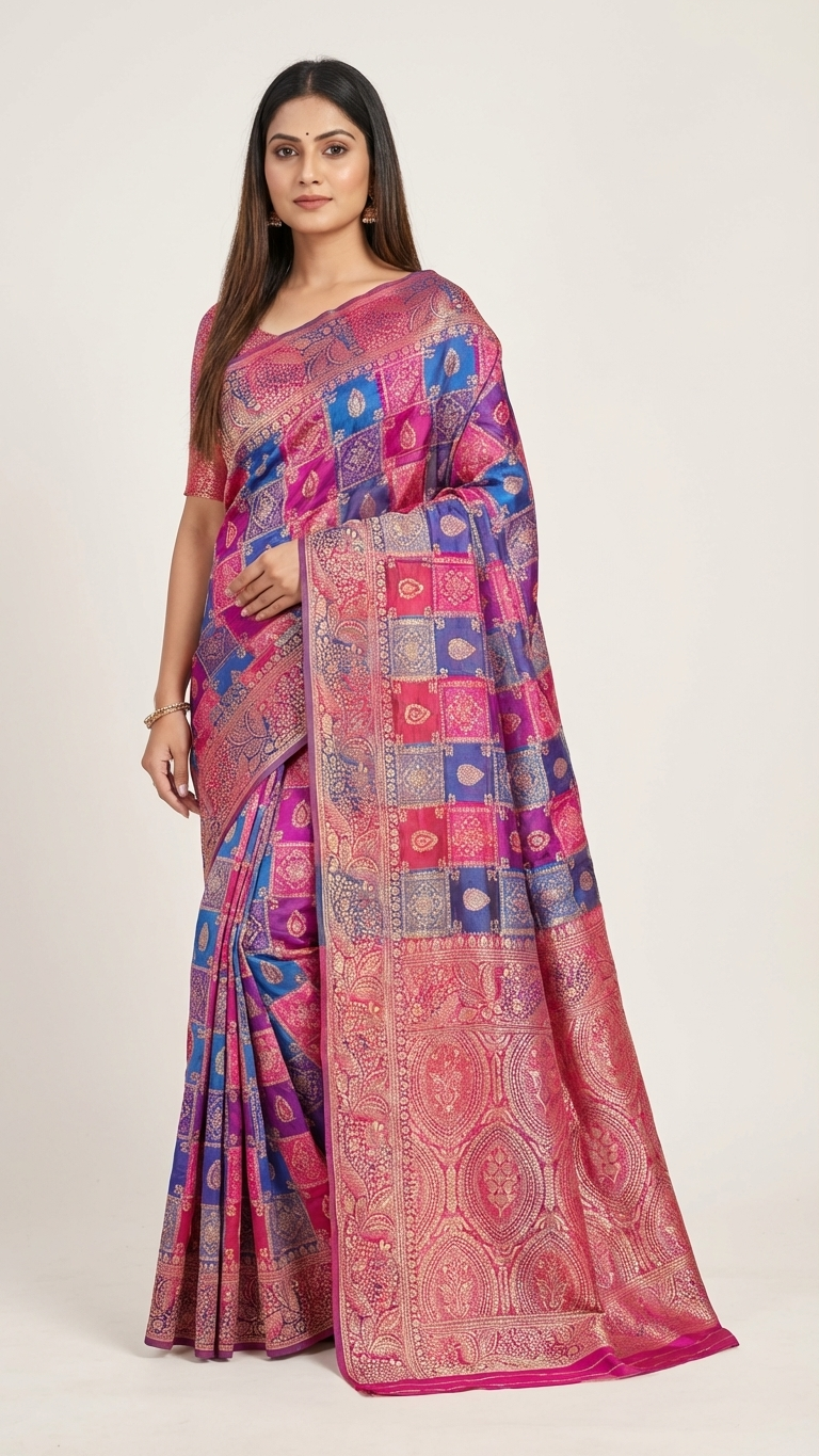 Royal Pink & Blue Heritage Printed Saree