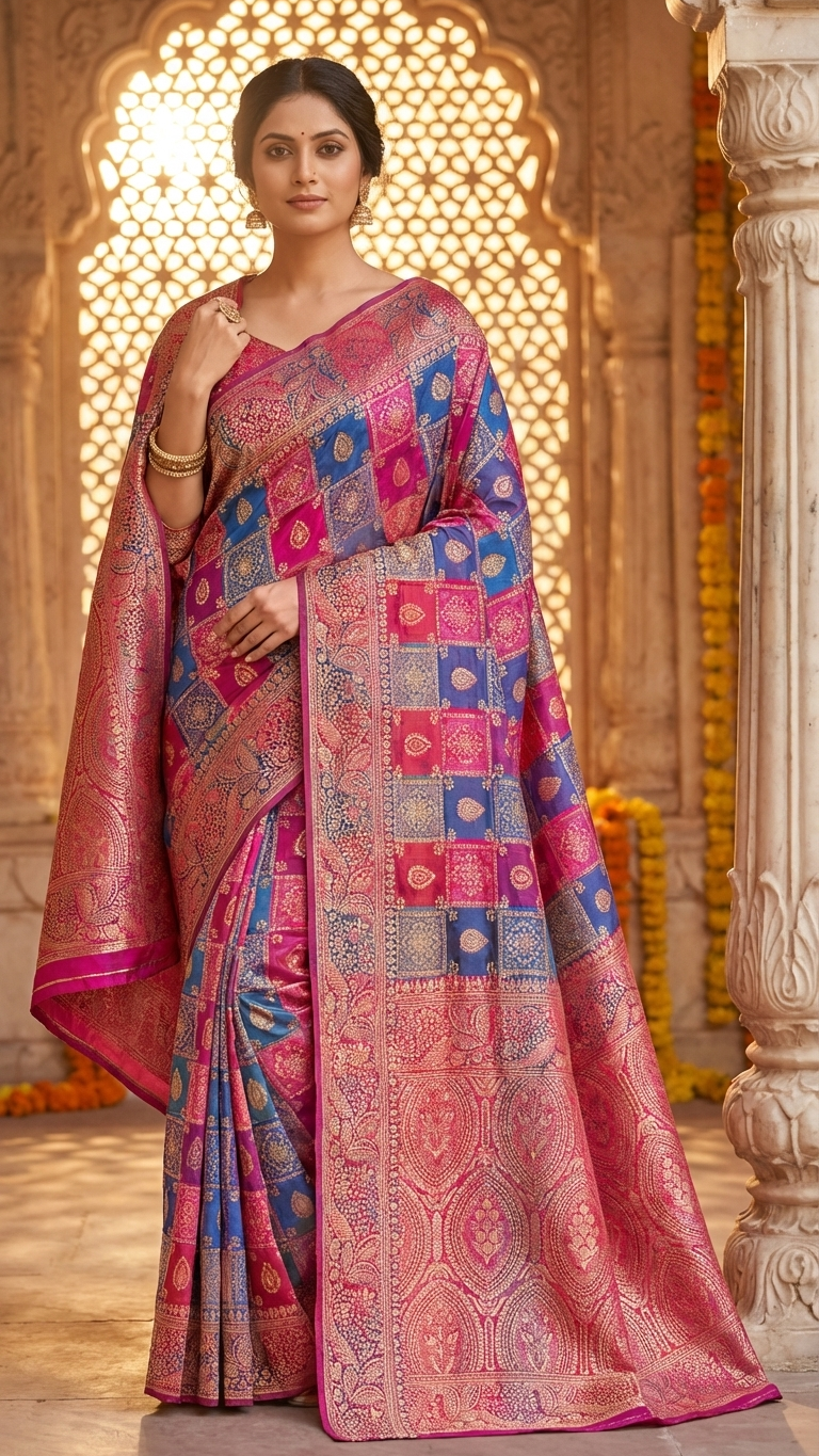 Royal Pink & Blue Heritage Printed Saree