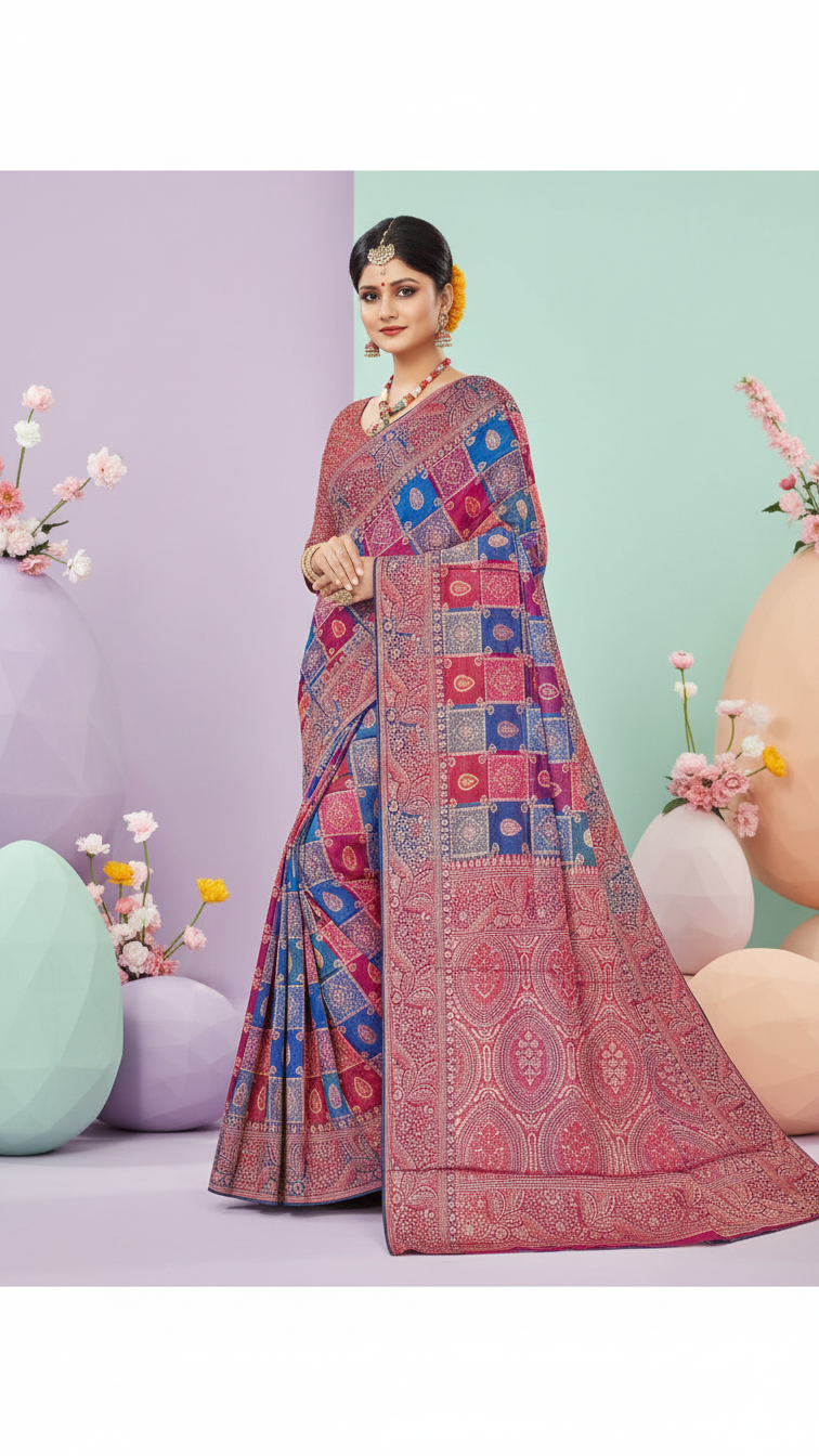 Royal Pink & Blue Heritage Printed Saree