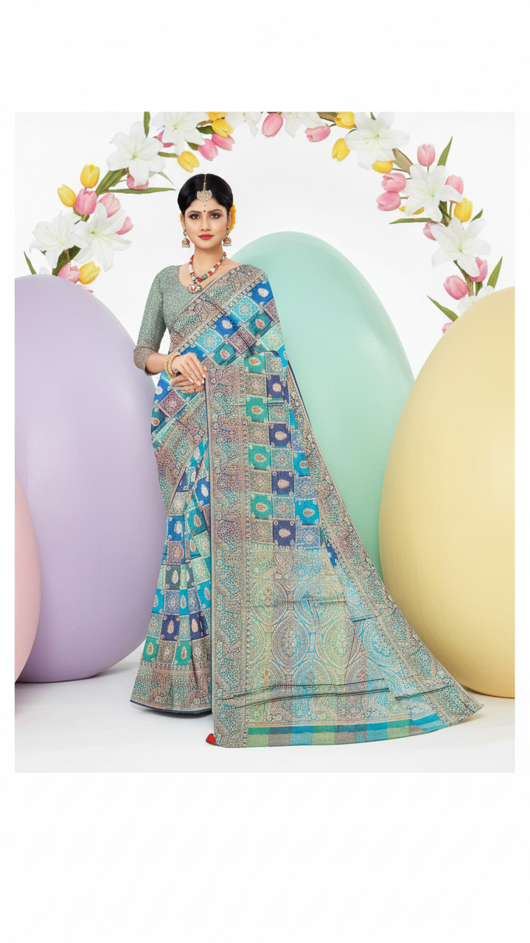 Aqua Heritage Printed Saree